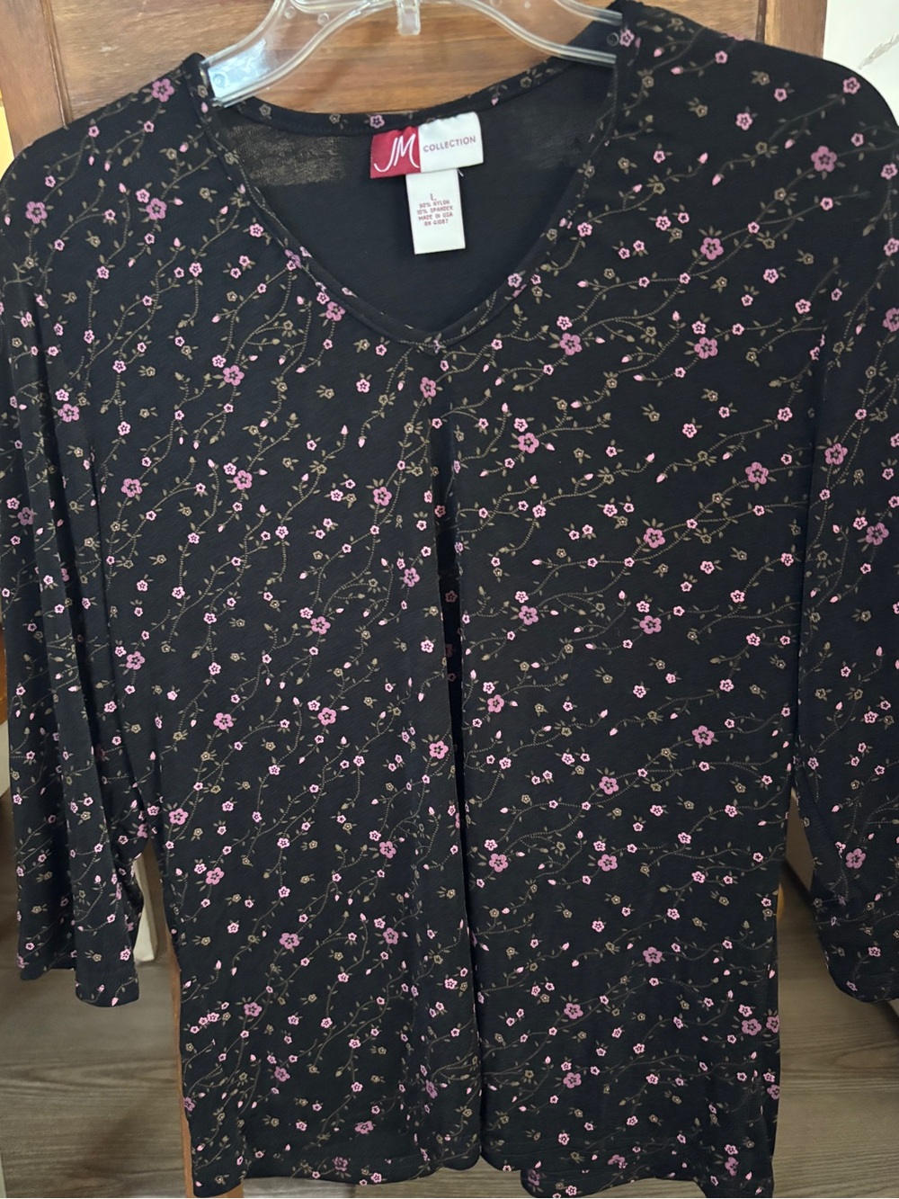 JM Collection Black V-neck Blouse with Pink Floral Print